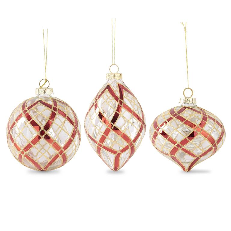 CLEAR GLASS ORNAMENTS W/GLITTERED RED & GOLD PLAID