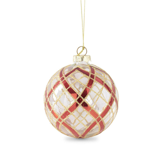 CLEAR GLASS ORNAMENTS W/GLITTERED RED & GOLD PLAID