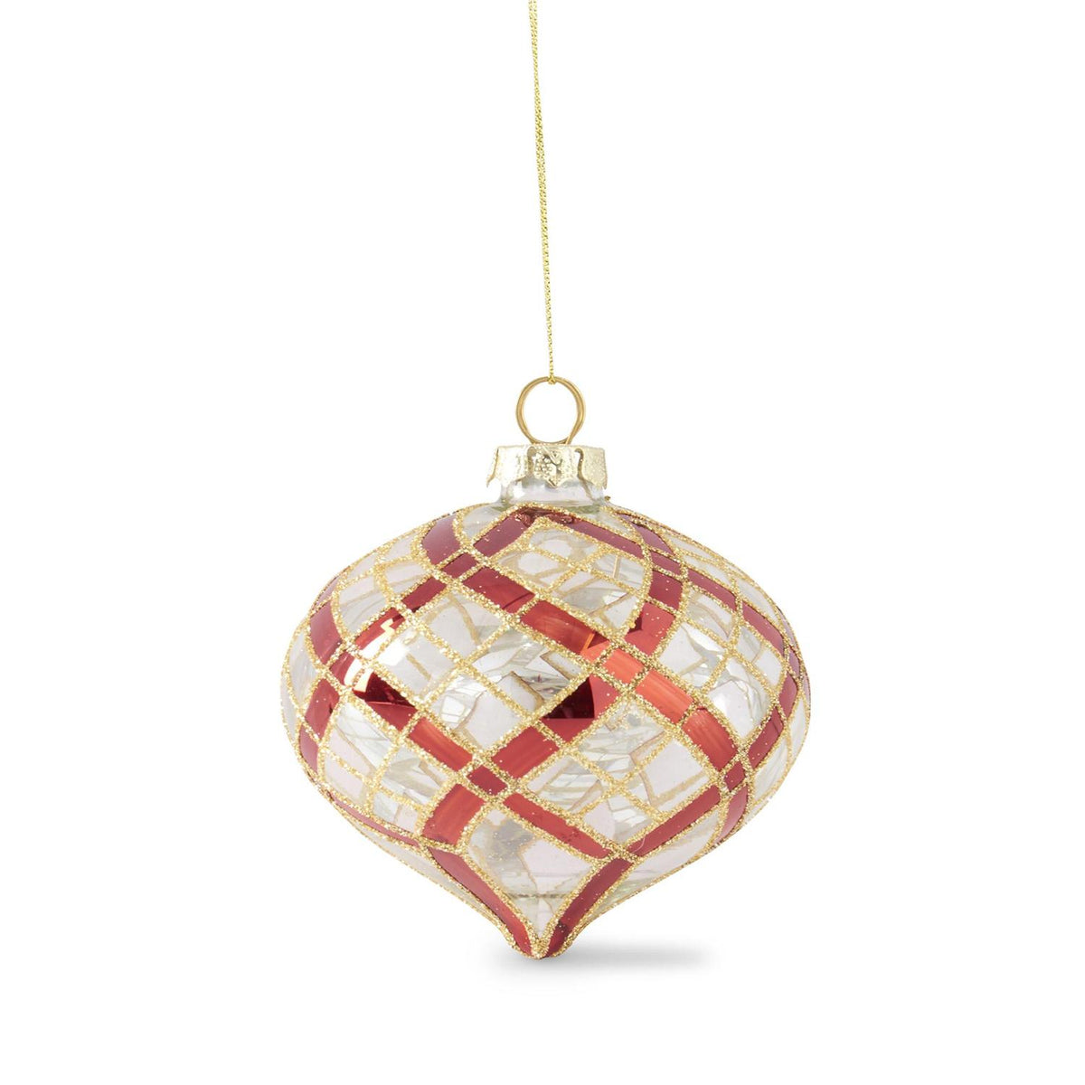 CLEAR GLASS ORNAMENTS W/GLITTERED RED & GOLD PLAID