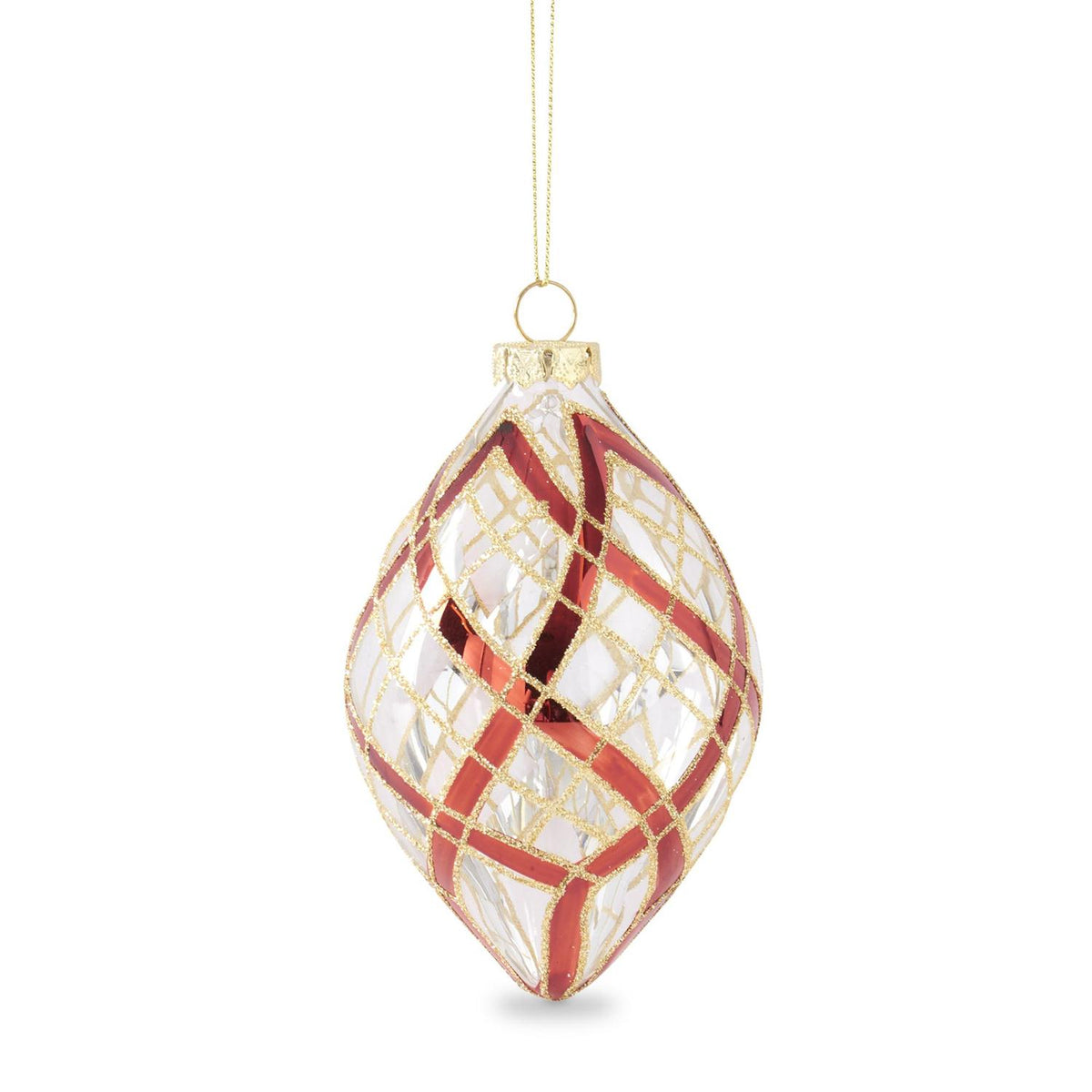 CLEAR GLASS ORNAMENTS W/GLITTERED RED & GOLD PLAID