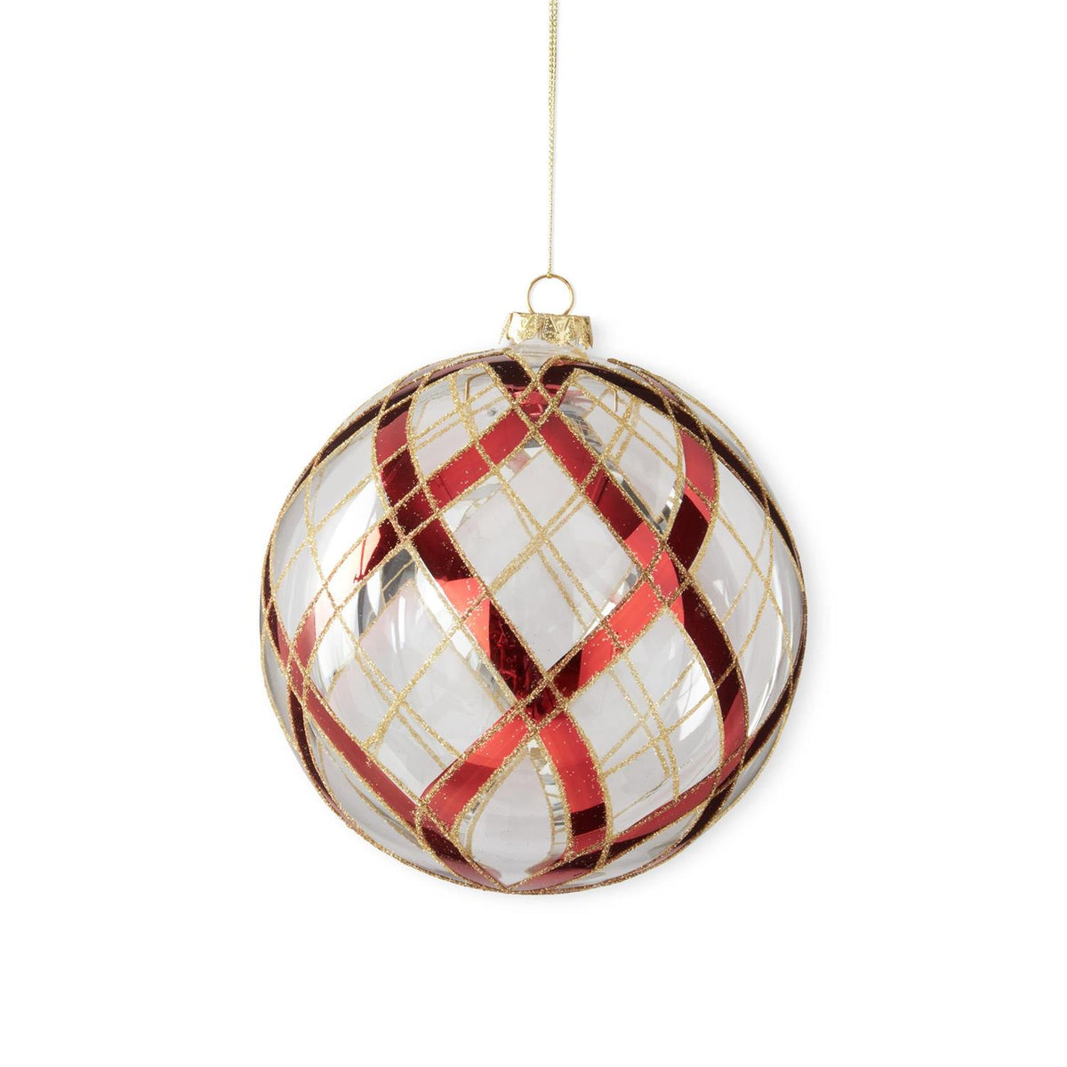 CLEAR GLASS ORNAMENTS W/GLITTERED RED & GOLD PLAID
