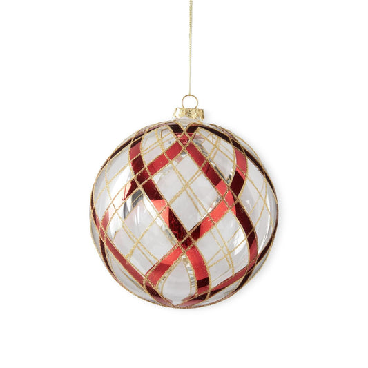 CLEAR GLASS ORNAMENTS W/GLITTERED RED & GOLD PLAID