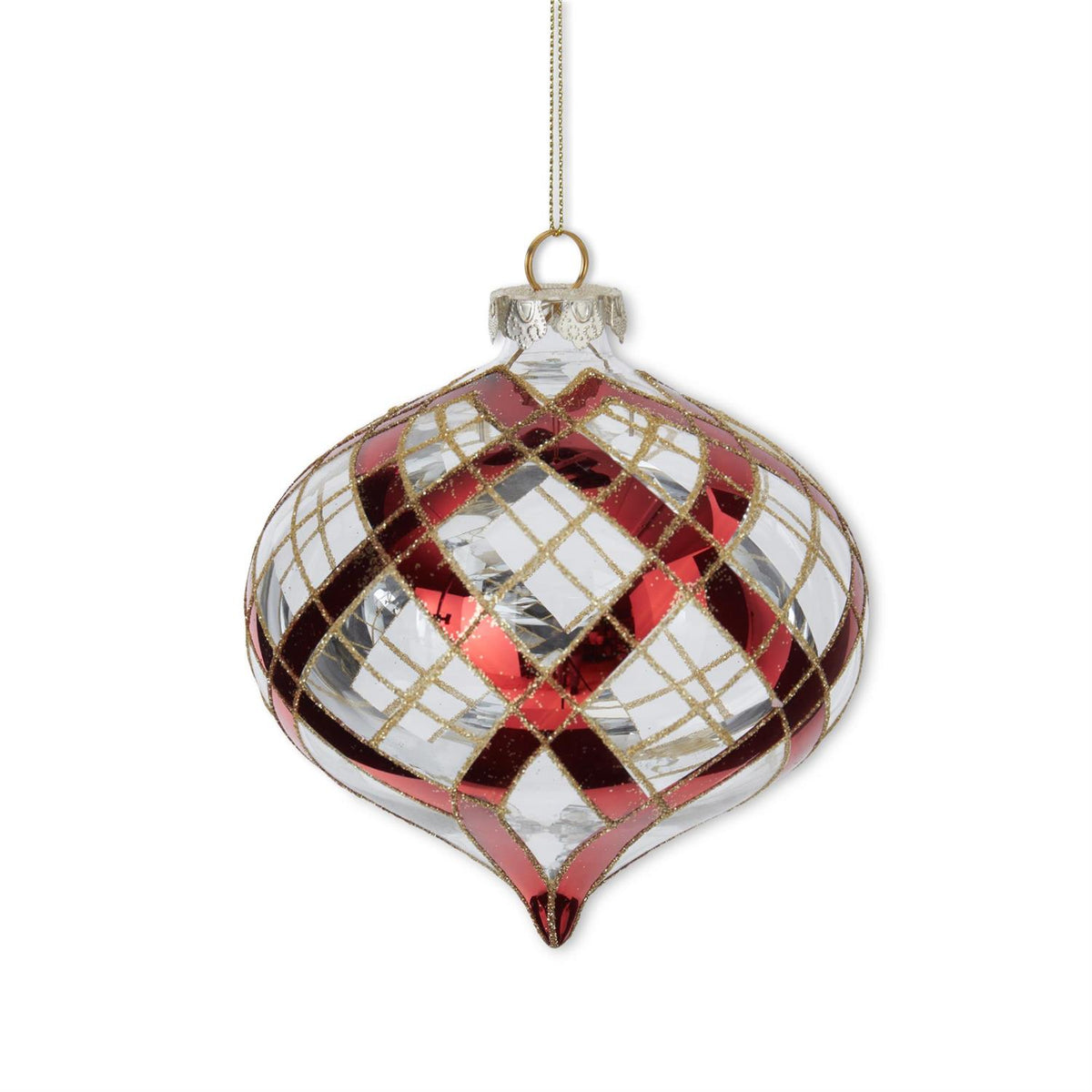 CLEAR GLASS ORNAMENTS W/GLITTERED RED & GOLD PLAID