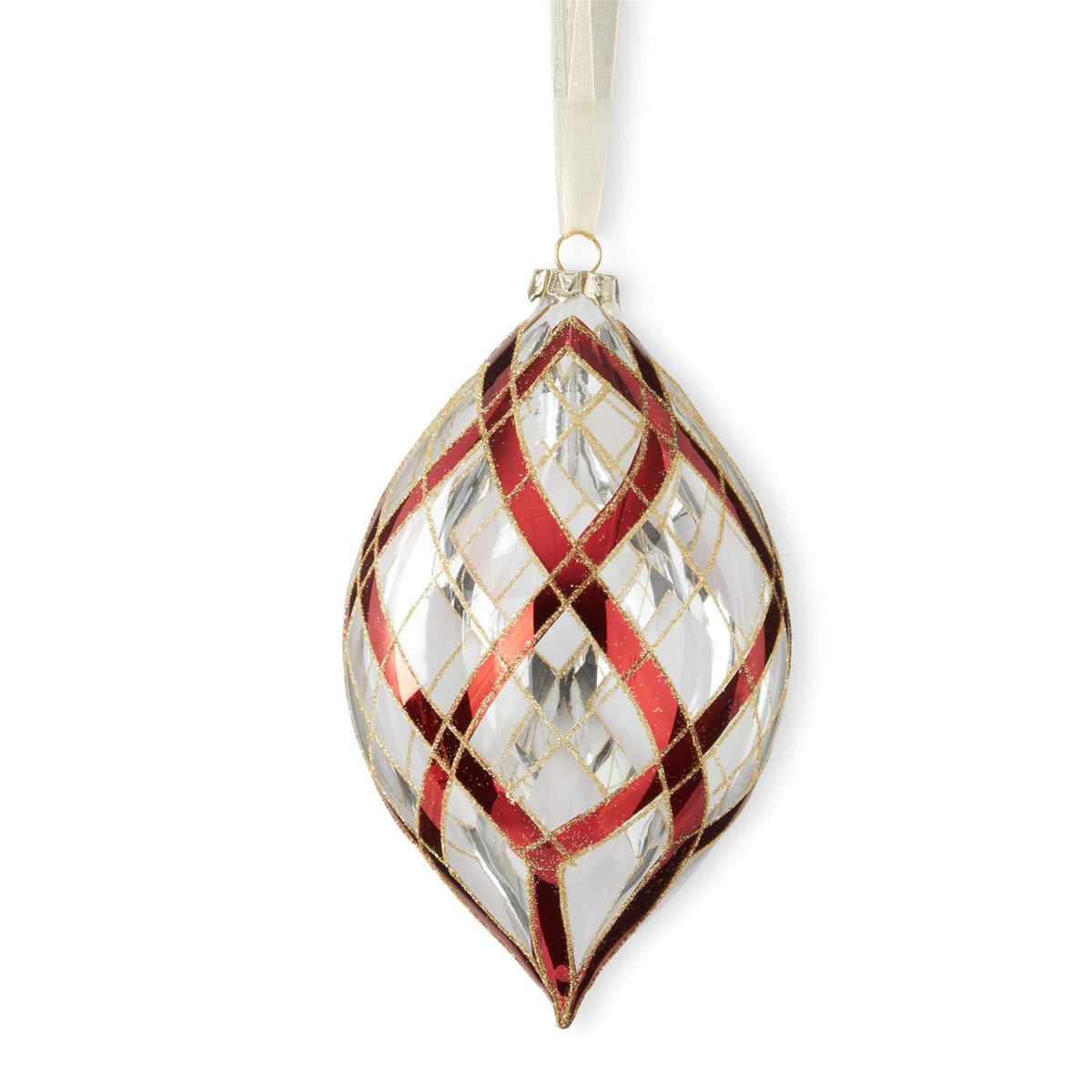CLEAR GLASS ORNAMENTS W/GLITTERED RED & GOLD PLAID