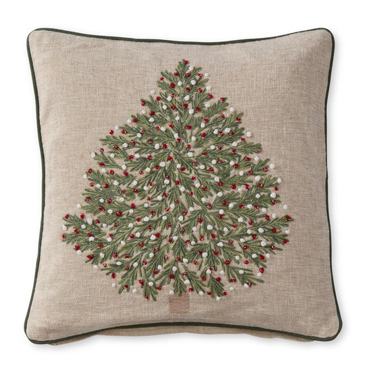 20" TAN CHRISTMAS TREE EMBROIDERED PILLOW