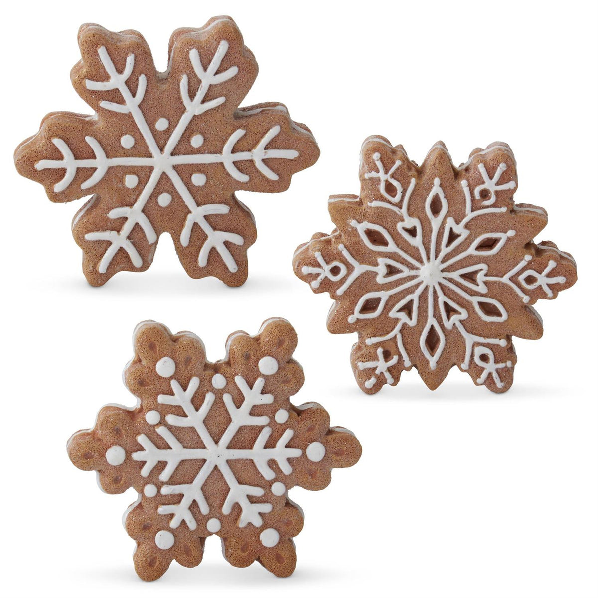 ASSORTED 5" RESIN GINGERBREAD SNOWFLAKES W/WHITE ICING OUTLINE