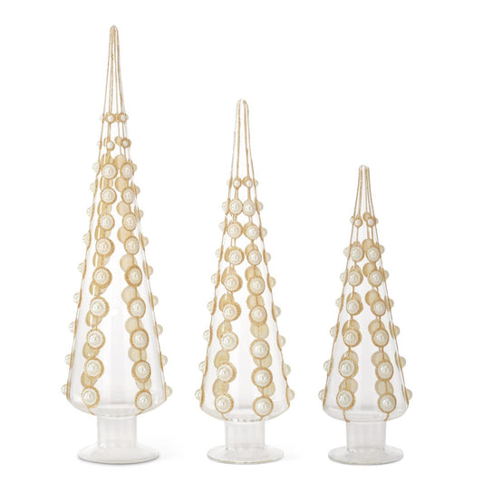 CLEAR GLASS & GOLD GLITTER W/PEARLS CONE TREES
