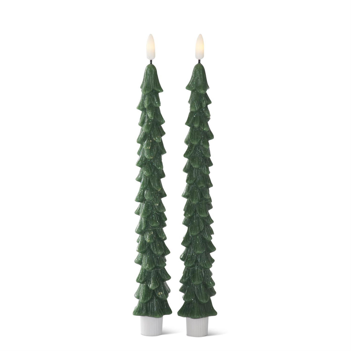11" Green Wax LED Christmas Tree Taper S/2