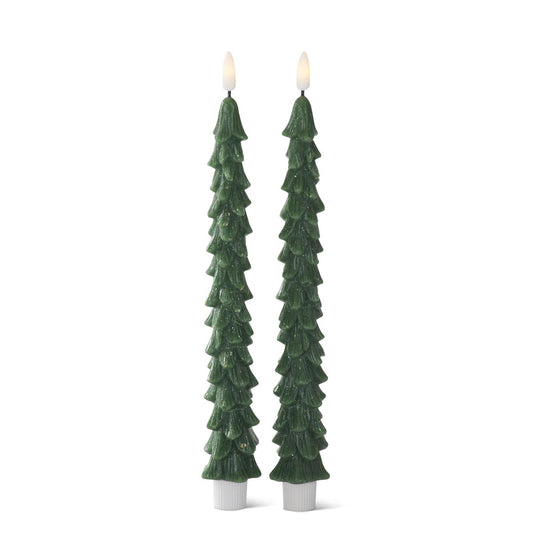 11" Green Wax LED Christmas Tree Taper S/2