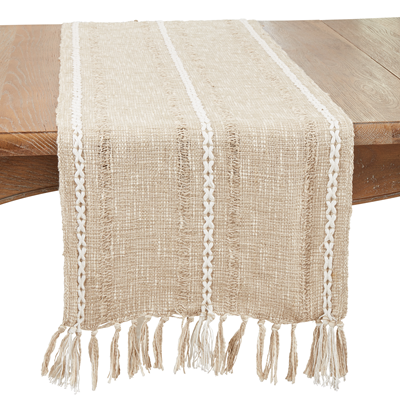 Striped Woven Runner w/ Tassels - Taupe