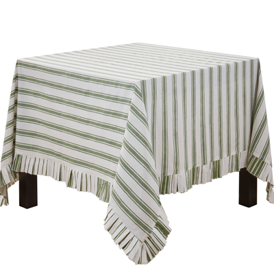 Striped Block Print Tablecloth - Green