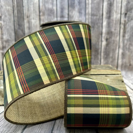 4" x 10yds Loden plaid, green/black, burlap back