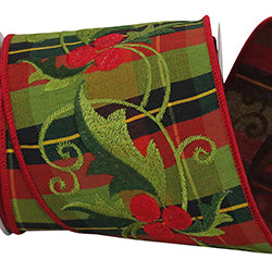 EMBROIDERED HOLLY DUPIONI PLAID WIRED EDGE RIBBON 4" 5yd
