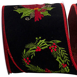 CARDINAL HOLLY EMBROIDERED VELVET WIRED EDGE RIBBON 4" 5yd