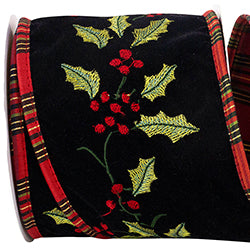 HOLLY EMBROIDERED VELVET LUXE PLAID BACK WIRED EDGE RIBBON 4" 5yd