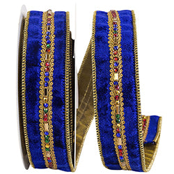 JEWEL STONES TRIM VELVET LUXE WIRED EDGE RIBBON, Royal 1.5" 5yd