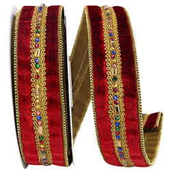 JEWEL STONES TRIM VELVET LUXE WIRED EDGE RIBBON, Wine 1.5" 5yd