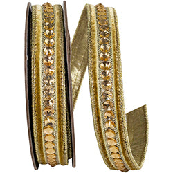 JEWELED CENTER PLUSH VELVET DELUXE METALLIC DUPIONI BACKED WIRED EDGE RIBBON, Gold 5/8" 5yd