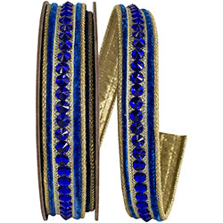 JEWELED CENTER PLUSH VELVET DELUXE METALLIC DUPIONI BACKED WIRED EDGE RIBBON, Royal 5/8" 5yd