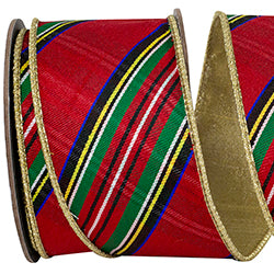 MULTICOLOR CLASSIC DIAGONAL PLAID DUPIONI DELUXE GOLD BACKED WIRED EDGE RIBBON 2.5" 5yd