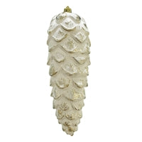 8'' Plastic Pine Cone Orn. White W/ Metallic Gold Finish