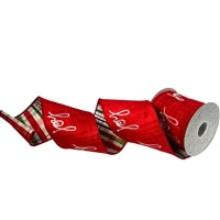 Red Faux Dupioni "JOY" Ribbon w/ Plaid Back Ribbon 4"x10yd