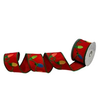 Christmas Lighting Embroidery On Red Dupion Red w/ Green Edge 2.5"X10Yd Ribbon