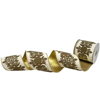 Regal Beaded Print On Ivory Dupion Ribbon w/ Gold Lame Back 4"x10yd