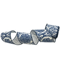 Blue Print On White Dupioni Ribbon