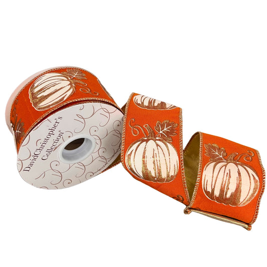 MODERN PUMPKIN PRINT ON ORANGE RIBBON W/GOLD BACK 2.5” X 10 YD