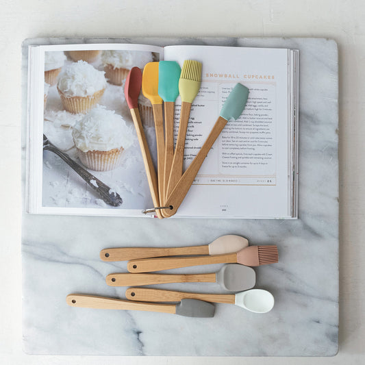 Silicone & Beech Wood Mini Kitchen Utensils Neutrals, Set/5
