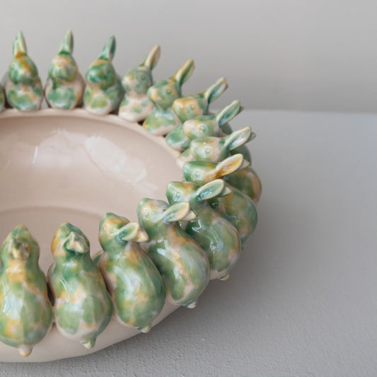 Decorative Stoneware Bowl w/ 3D Rabbits (Each One Will Vary)