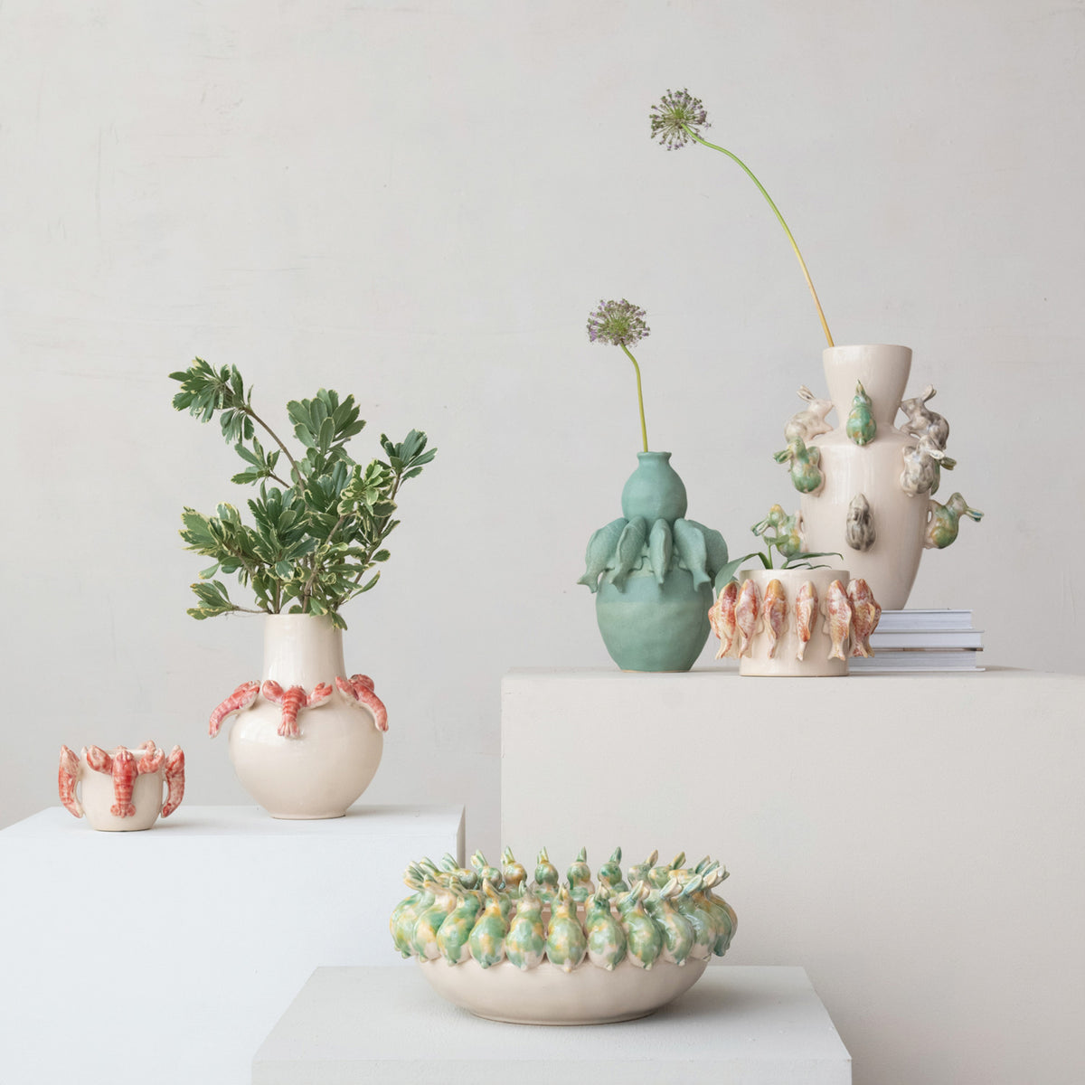 M Reed Hopper Rapanos Decorative Stoneware Bowl w/ 3D Rabbits, Reactive Glaze (Each One Will ...