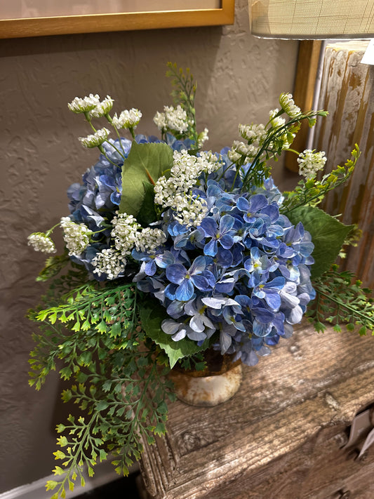 Blue Hydrangea & Gold Chalice Arrangement