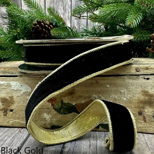 1" x 10yds VP lush velvet metallic light gold back, black