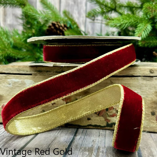 1" x 10yds VP lush velvet metallic light gold back, vintage red