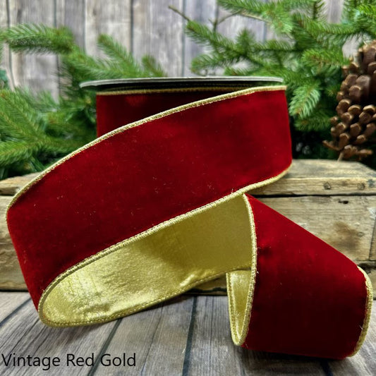 2.5" x 10yds VP lush velvet metallic light gold back, Vintage Red