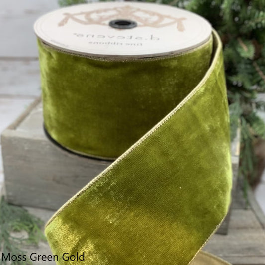 4" x 10yds VP lush velvet metallic light gold back, moss green