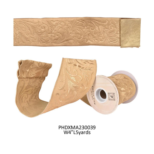 EMBROIDERED GOLD DUPIONI RIBBON 4"