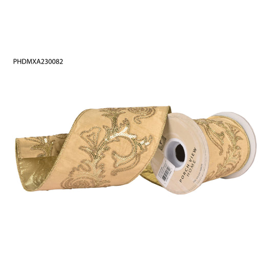 METALLIC GOLD EMBROIDERED DUPIONI RIBBON 4"
