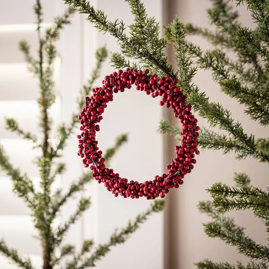 RED WOODEN BEAD BERRY WREATH ORNAMENT 7"