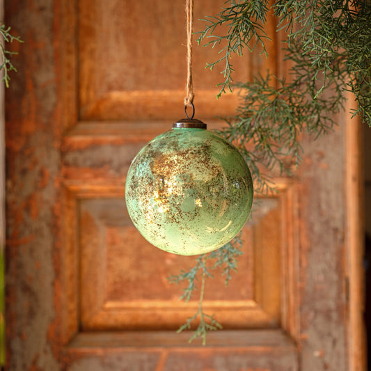 SPRUCE ANTIQUE FINISHED GLASS 5" BALL ORNAMENT