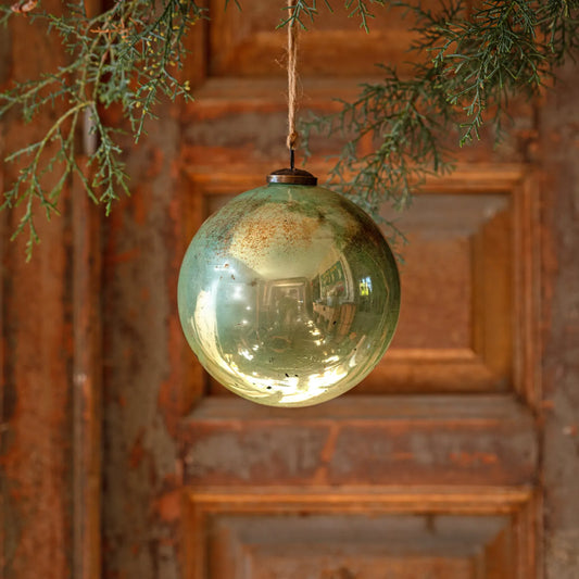 SPRUCE ANTIQUE FINISHED GLASS 6" BALL ORNAMENT