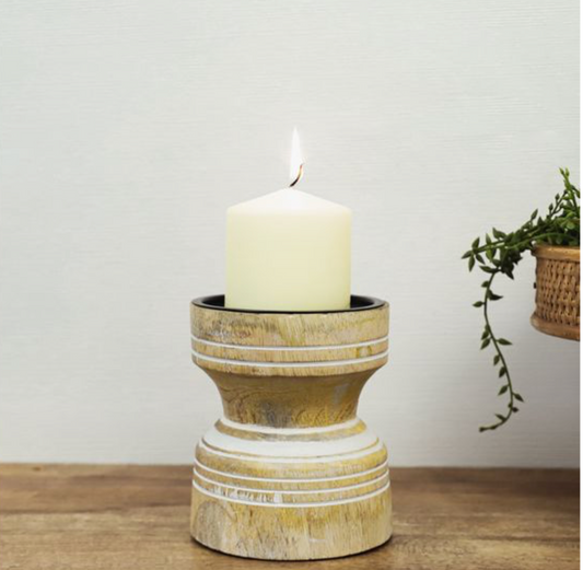 6" White Wash Wood Candle Holder