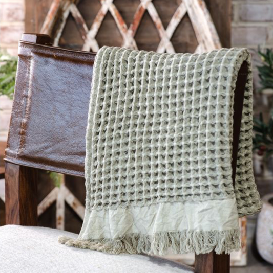 Sage Waffle Fringe Throw