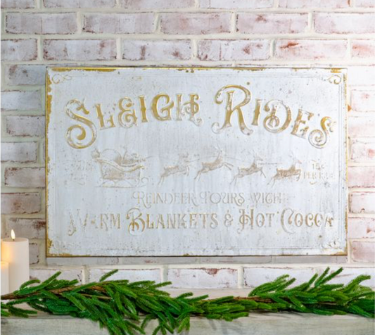 VINTAGE WHITE SLEIGH RIDES SIGN