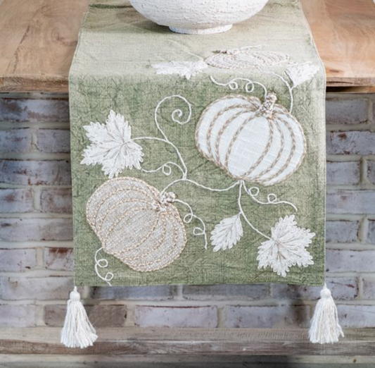 72" AUTUMN PUMPKINS GREEN TABLE RUNNER