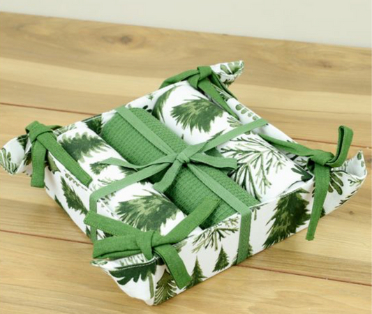 3 PC GRN/WHT TREE TOWEL GIFT SET