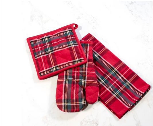 3 PC TARTAN PLAID MIT, TOWEL & POTHOLDER SET