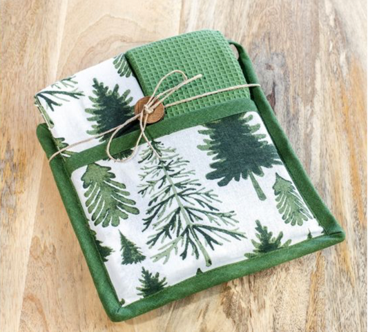 GRN.WHT TREE POTHOLDER TOWEL SET